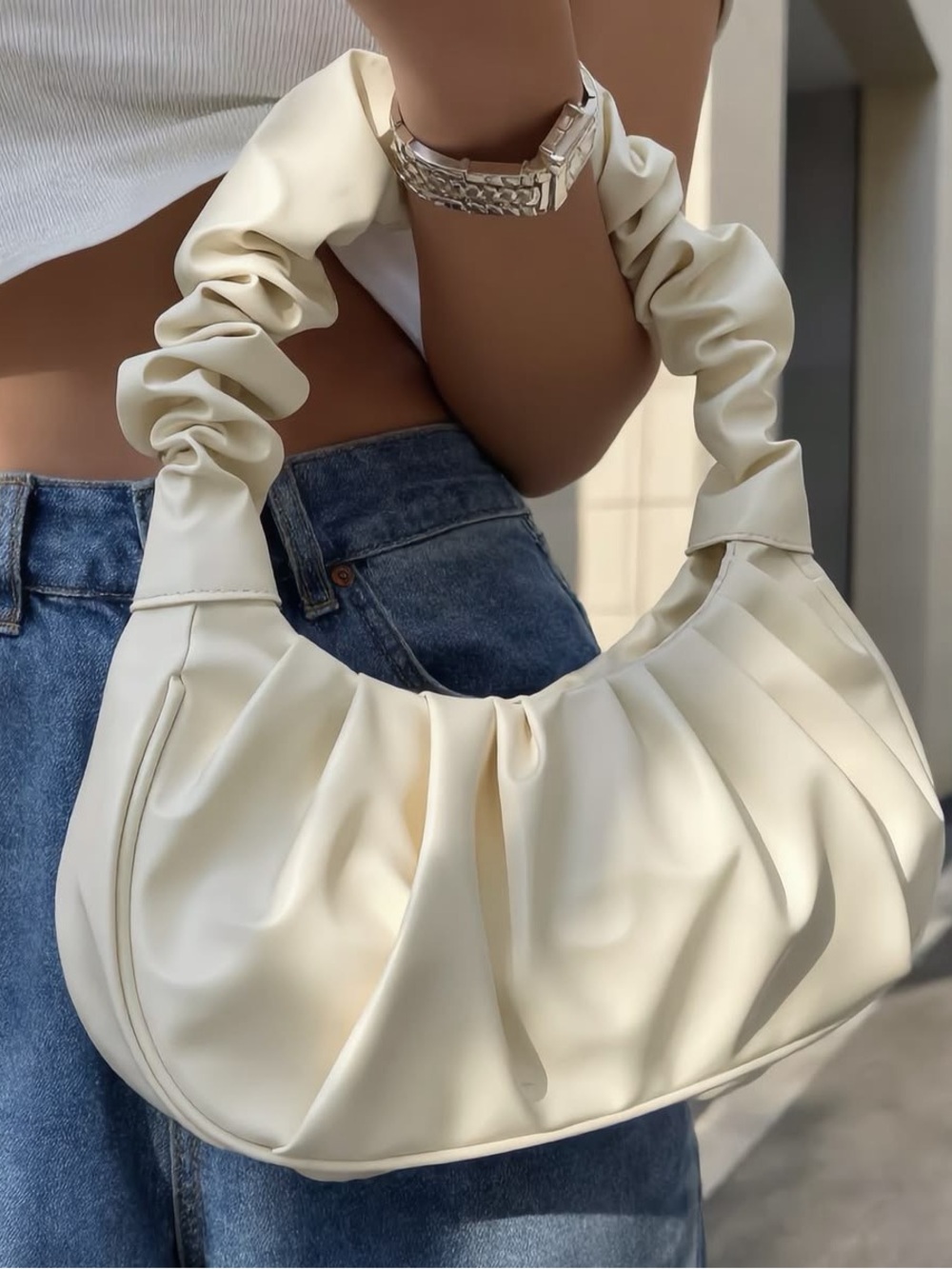 Cream Ruched Hobo Bag - Women Bags